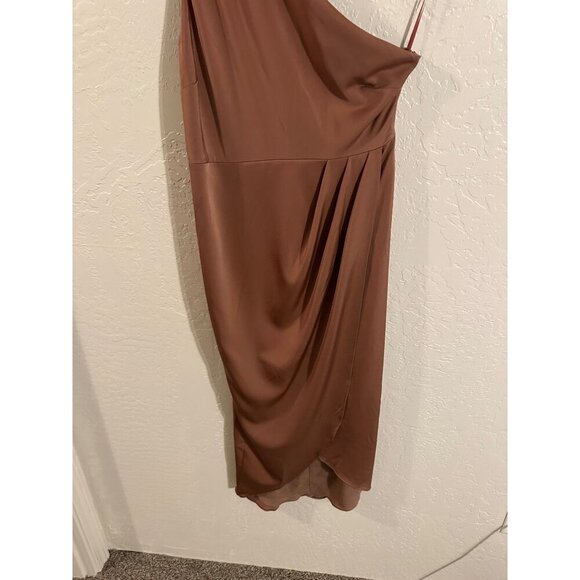 Showpo Bronze Silky One Shoulder Draped Mini Dress - Picture 6 of 12